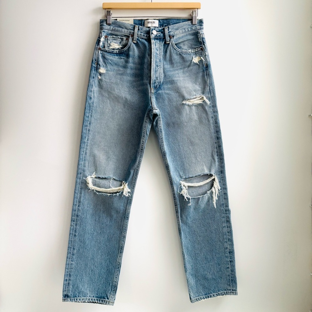 Agolde 90'S Jean Mid Rise Loose Straight Destroyed Jeans In Threadbare Size 26